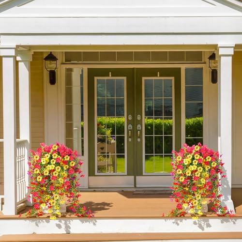 AGIRL 6 Bundles Artificial Hanging Flowers for Outdoor Spring Summer Decor,UV Resistant Faux Silk Flowers,Fake Plants with Realistic Look for Outside Indoor Planter Garden,Patio,Balcony,Porch and Yard - color: Red+yellow+fuchsia+purple