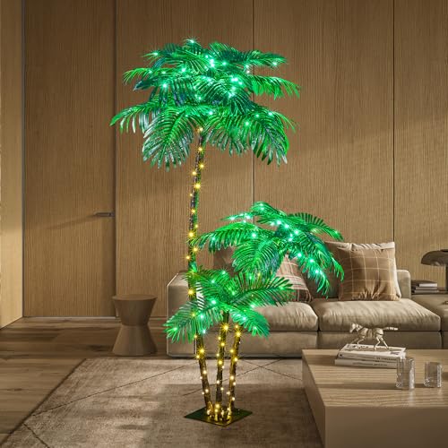 Solar Lighted Artificial Palm Tree 6FT 3FT 2FT Decor for Outdoor 203 LED Light up Fake Tree for Indoor Outside Patio Hawaiian Tiki Bar Decoration - size: 6+3+2ft-Solar