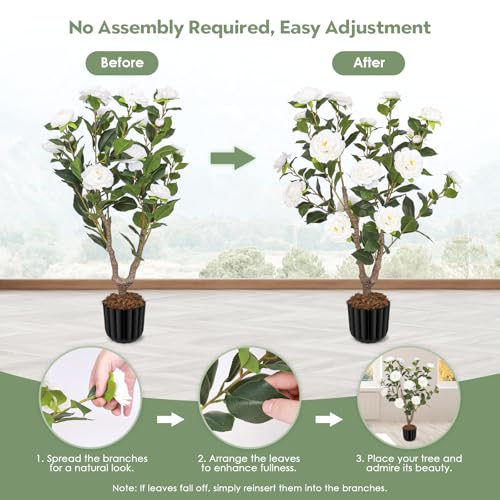 Artificial Camellia Tree for Indoor and Outdoor, Faux Flower Tree Plant in Pot Fake Topiaries for Home Front Porch Decor(1, White) - color: White