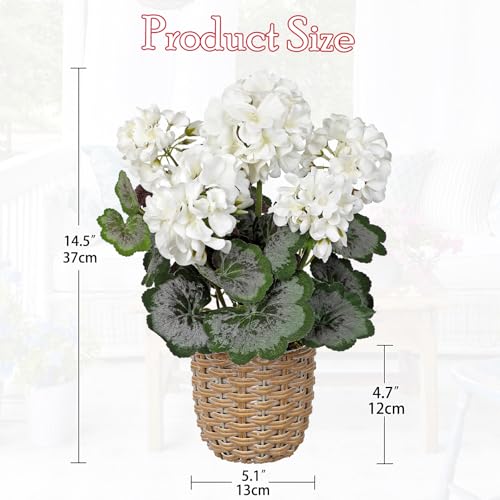Briful Artificial White Geranium Flowers in Woven Basket, 14.5’’ Tall Silk Flower Arrangement, Realistic Geraniums Artificial Outdoor Plants for Home Indoor Farmhouse Table Wedding Centerpiece Decor - color: 14.5'' Tall White, Woven Basin