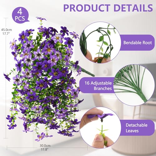 Artificial Hanging Baskets Outdoor, 4 Bundles Artificial Hanging Flowers Outdoors Spring Summer Decoration, No Fade Realistic Fake Hanging Baskets for Porch Patio Balcony Home Yard Decor - color: Purple Gradient Purple
