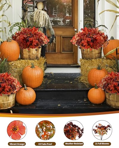 Artificial Fake Mums Flowers for Fall Outdoors Decor, 16 Bundles of Lifelike UV Resistant Colorful Silk Daisies – Ideal for Porch, Garden, Yard, Planter, Halloween & Thanksgiving Autumn Decoration - color: Mixed Color3(burgundy,orange,caramel,champagne)