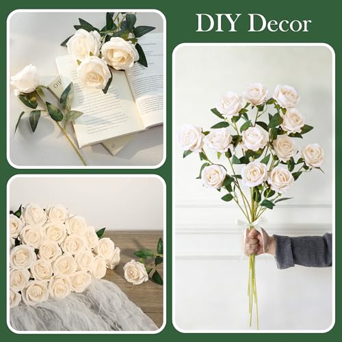 50 PCS Champagne Roses Artificial Flowers, Real Looking Fake Roses with Long Stems Silk Flowers for DIY Wedding Bouquet Party Celebration Home Bridal Baby Shower Decor Birthday Gift for Her Wife - color: Champagne