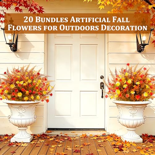 20 Bundles Artificial Fall Flowers for Outdoors Fall Decorations - UV Resistant Fake Mums Faux Fall Plants Plastic Flowers for Garden Porch Fireplace Patio Home Indoor Autumn Fall Thanksgiving Decor - color: Mix Orange Brown Yellow, size: 20 Bundles