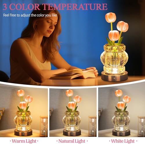 Tulip Table Lamp, Rechargeable Cordless Touch Dimming Artificial Tulip Flower Desk Lamp, LED Crystal Lamp Flower Bedside Night Light, Romantic Gifts for Girl Women Mom (Pink - Tulip) - color: Pink - Tulip