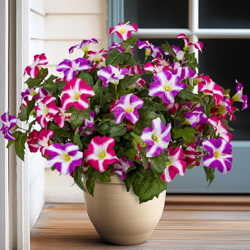 19 Inch Artificial Fake Flowers for Outdoor,4 Pcs Faux Silk Petunias Spring Flowers for Outside for Indoor Porch Planter Front Door Garden Patio Window Box Home Decor(Double Red Lotus) - color: Double Red Lotus