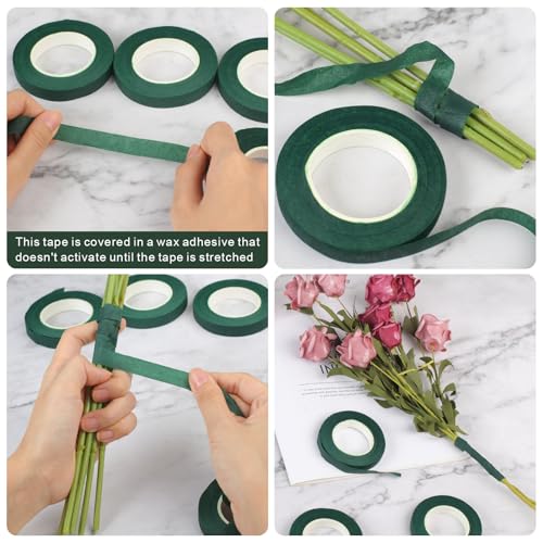 6 Roll Floral Tape 1/2inch Flower Tape Dark Green, Floral Tapes for Bouquet Stem Wrapping and Floral Crafts, Wedding Bouquet