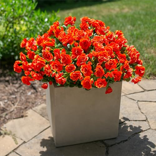 HyeFlora Artificial Faux Outdoor Outside Flowers Plants For Spring Decor, Fake Silk Orange Camellia UV Resistant Look Real for Autumn Planter Front Door Porch Patio Balcony Decoration, 3 Large Bundles - color: Orange