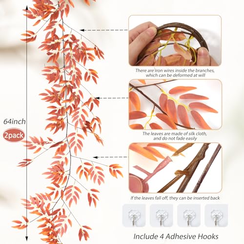 RECUTMS Artificial Hanging Willow Leaves Vine Twigs 2Pcs 5.7Ft Fall Garland Fake Silk Willows Leave Ivy Faux Greenery for Indoor Outdoor Wedding Jungle Birthday Autumn Wreath Thanksgiving Party Decor - color: Orange