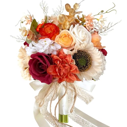 9 Inch Sunflower Wedding Bouquets for Bride Bridesmaid, Burgundy Red Roses Burnt Orange Artificial Flowers Bridal Bouquet Vintage Fall Winter Boho Rustic Wedding Decoration Toss Bouquet Prom - color: Sunflower, Burgundy