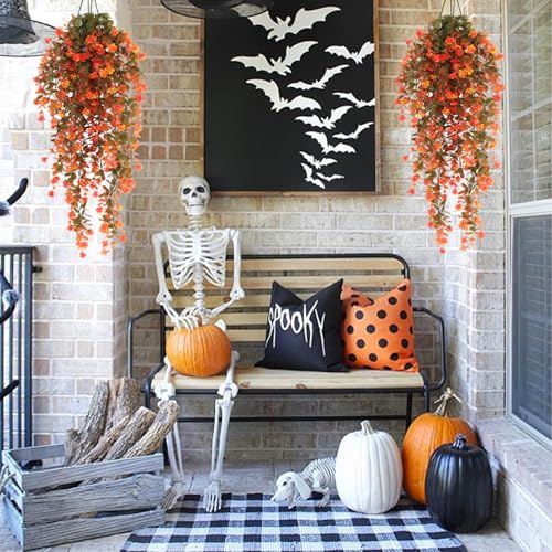 RECUTMS 4Pcs Artificial Fall Flowers Fake Eucalyptus Leaves with Flower Plastic Ivy Greenery Leaf Autumn Artificial Hanging Plants for Thanksgiving Home Garden Wall Bedroom Wedding Decor Orange - color: Style3-orange