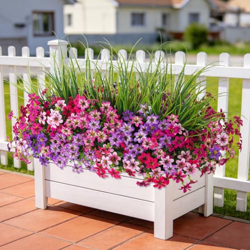 Artificial Flowers,14 Bundles UV Resistant Fake Flowers Daisy with Greenery Plants Wheat grass,Faux Outdoor Flowers for Spring Summer Decoration, Outdoor Faux Plants Home Window Porch Patio Yard - color: Purple Red Powder