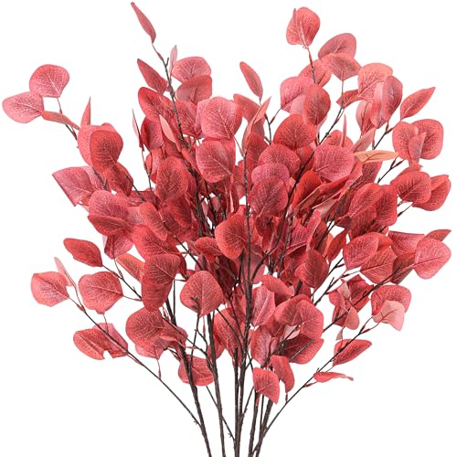 7PCS Long Artificial Eucalyptus Stems 35.4" Tall Fake Fall Red Branches With Apple Leaves Faux Plants Bouquet Floral Arrangements Accessories For Home Fireplace Office Farm Festival Decoration - color: Red