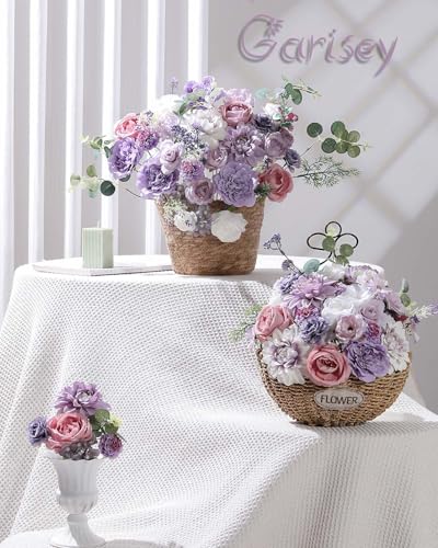 Garisey Artificial Flowers Combo Box Set Purple Fake Silk Flower for DIY Wedding Bouquet Arrangements Bridal Shower Party Home Decorations(White Purple Peony) - color: White Purple Peony
