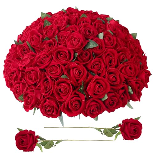 90 Pcs Red Velvet Rose Artificial Flowers, 51cm Silk Wedding Fake Silk Roses Florals for Centerpieces DIY Bouquet Party Arrangement Bridal Home Decor - color: Red