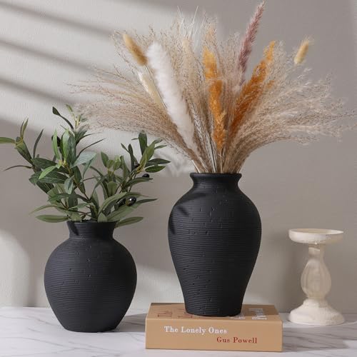 Ceramic Flower Vase Home Decor, 7.4 in Farmhouse Table Vases Retro Vintage Living Room Kitchen Bedroom Decoration Pottery Decorative Vases for Flowers House Shelf Office Desk Dining Entryway, Black - color: 7.4 in - Black