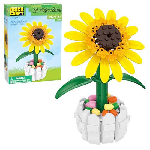 Brickcraft Bricktanicals Yellow Sunflower in Picket Fence Pot Brick Building Set, 213 Piece Botanical Flower Model, Ages 8 Plus, Collectible Build and Display Set, Spring Gift for Kids and Adults - style: Yellow Sunflower Spring