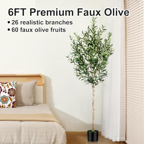 6FT Olive Tree Artificial Indoor - Tall Faux Olive Tree with Wood Trunk and Lifelike Fruits - Fake Plants in Pot for Home Office Living Room Decor - size: 6ft
