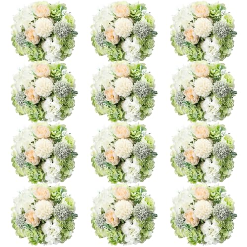 Tigeen Artificial Flowers Artificial Peonies Silk Flowers Faux Peony Fake Peony Silk Hydrangea Bouquet for Wedding Table Centerpiece Floral Vase Decor (White,Green,12 Bundles) - color: White,green