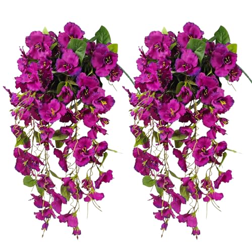 Artificial Fake Hanging Flowers Plants for Outdoor, Faux Silk Hibiscus Long Trailing Vines Realistic UV Resistant for Home Indoor Outside Front Porch Planter Patio Yard Decor,2Pcs (Purple) - color: Purple