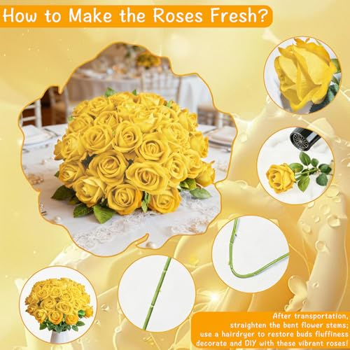 Rose Artificial Flowers Velvet Bouquet with Long Stem Real Touch Fake Roses Florals for Bridal Wedding Bouquet Party Arrangement Centerpiece Decorations (36, Yellow) - color: Yellow