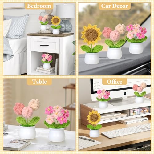 Weldomcor Crochet Flower Cute Potted Plants Fake Knitted Sunflower Tulips Mini Flowers Pot for Desk Office Car Dashboard Window Home Decor, Gift for Teachers Mother Day Valentines Anniversary Birthday - color: Sunflower+tulip+myosotis