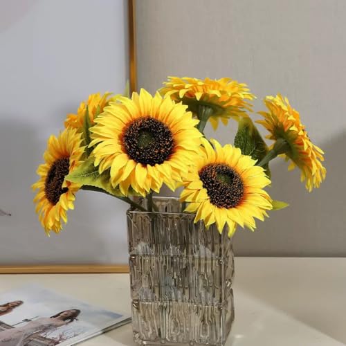12PCS Sunflowers Artificial Flowers Silk Flower with Plastic Soft Rod Stems Yellow Sunflower Bridal Wedding Bouquet Decorations for Home Wedding Party Birthday Bulk Dark Center Single