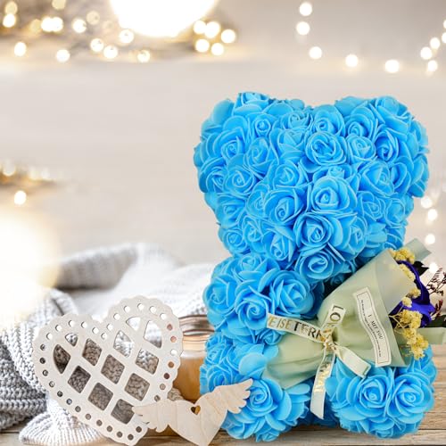 Mother's Day Rose Bear Gifts for Mom, Rose Flower Bear Romantic Birthday Gifts for Girlfriend Wife,Rose Teddy Bear Women Gifts, Valentines Bear with Rose Bouquet - color: Blue Rose