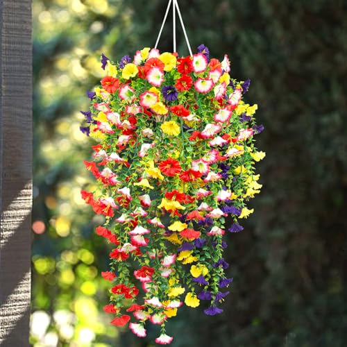 4 Pack Artificial Faux Hanging Flowers Plant for Outdoor, Fake Silk Morning Glory with Eucalyptus UV Resistant Realistic Trailing Vine for Wall Home Porch Patio Balcony Yard Indoor Decor, Mix Color - color: Mix Color