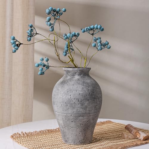 Ceramic Flower Vase Home Decor, 9 in Farmhouse Table Vases Rustic Vintage Living Room Kitchen Bedroom Pottery Decorative Vases for Flowers House Book Shelf Office Coffee Desk Dining Entryway, Grey - color: 9 in - Grey