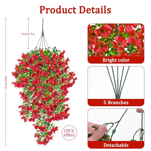 Betylifoy 2Pcs Artificial Hanging Flowers for Outdoors Fake Hanging Plants Summer Decor UV Resistant Faux Silk Violet Flowers Greenery Trailing Vines for Indoor Outside Garden Porch Decor (Red) - color: Red