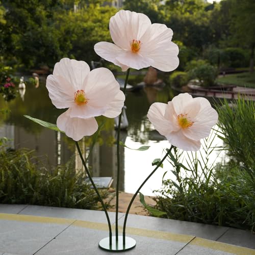 Large Paper Artificial Flowers,Giant Flowers for Decoration,Huge Handcrafted Poppy Fake Flowers with Stand for Home Decor Bridal Shower Party Outdoors Yard Event Backdrop Decor (Champagne) - color: Champagne