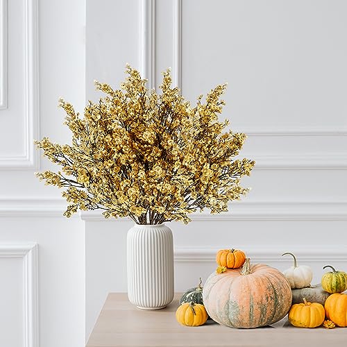 Sggvecsy 15 Pcs Babys Breath Artificial Flowers Gypsophila Bouquets Bulk Real Touch Fake Silk Flowers for Home Wedding DIY Floral Arrangement Kitchen Table Centerpiece Christmas Decoration (Gold) - color: Gold, size: 15Pcs