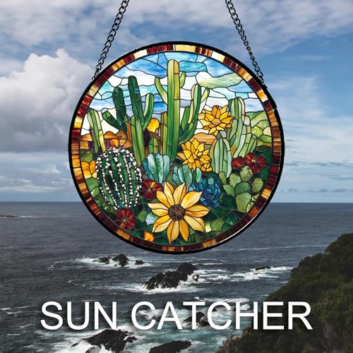 Stained Glass Window Hanging Green Cactus with Yellow Flowers 6.3" - Suncatcher Door Garden Sun Catcher Home Decor Birthday Christmas for Mom Men Woman Friend Nana - color: Yellow-green-blue, size: 6.3x6.3 IN
