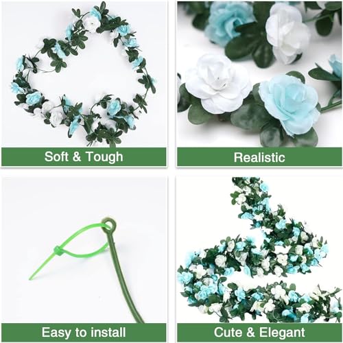 BLEUM CADE 12Pcs 98.4Ft Flower Garland Artificial Rose Vines with 98.4Ft String Lights, Cute Fake Hanging Flower Vines Floral Garland Decorations for Wedding Party Wall Room Decor Aesthetic - color: Blue & White With Lights, size: 12 Pcs
