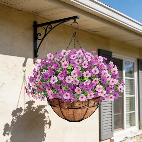 Artificial Fake Hanging Flowers Plants Basket Outdoors, Faux Silk UV Resistant Look Real Daisy Eucalyptus for Spring Summer Garden Porch Home Patio Balcony Yard Decorations, Pink Purple - color: Purple and Pink