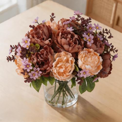 Mixed Peonies Artificial Flowers in Glass Vase, Silk Faux Peony Bouquet with Faux Water, Lifelike Fake Flower Arrangement for Home Decor, Wedding Bouquet, Table Centerpiece, Living Room Office - color: Coffee