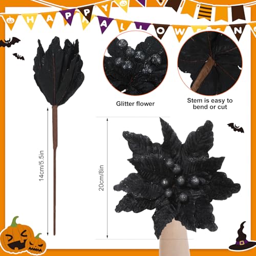 Giegxin 8 Pcs 8'' Halloween Black Flowers Poinsettia Flowers Halloween Artificial Poinsettia Stems Velvet Black Ornaments Fold Floral for Holiday Party Decorations - color: Black
