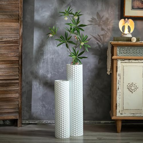 Sziqiqi White Tall Vases for Floor: 27.6/21.7in Metal Cylinder Handmade Flower Holder Extra Large Decorative Vase Set of 2 Modern Honeycomb Texture Big Standing Vase for Living Room Home Corner - color: White
