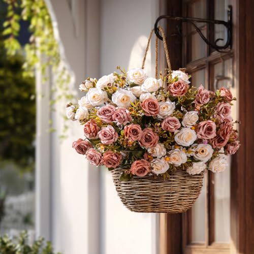 Artificial Rose Flowers for Outdoor 4 Bundles Rose Bouquet with Daisy Faux Flowers UV Resistant for Home Indoor Outside Garden Porch Window Box Balcony Yard Porch Fall Decor (White+Brown) - color: White+brown