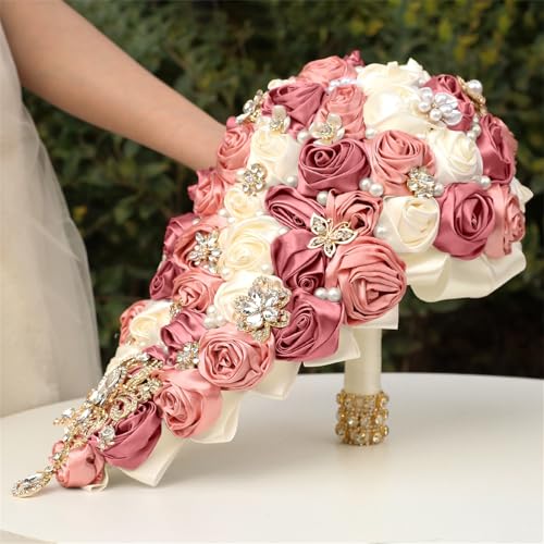 Handmade Satin Rose Water Drop Bridal Bouquet,8.7inch Crystal Wedding Round Tossing Bouquet,Jewelry Proposal Bridesmaid Bouquet Groom Corsage Bride Wrist Flower Ivory (07#Ivory Deep Pink) - color: 07#ivory Deep Pink