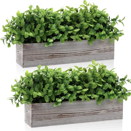 Lyrow 2 Pack 16 '' Artificial Eucalyptus Plants in Rectangular Rustic Wooden Planter Box Faux Potted Herb Plant Greenery Centerpiece for Cabinet Windowsill Table Shelf Wedding Decor (Whitewashed) - color: White, size: 16 ''