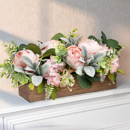 Pink Floral Centerpieces for Table, Pre-Made Artificial Peonies Hydrangea Centerpieces for Dining Table Wood Fake Flower Decorations for Wedding Living Room Party Bar Kitchen Table - color: Pink