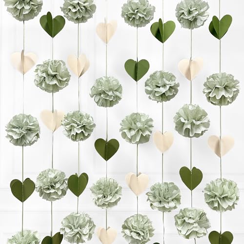 Sage Green Party Decoration Tissue Flowers Pom Pom with 3D Heart Hanging Paper Garland Banner Streamer for Birthday Baby Shower Wedding Valentines Day Woodland Neutral Themed Party Home Decor Supplies - color: Sage Green Beige Heart