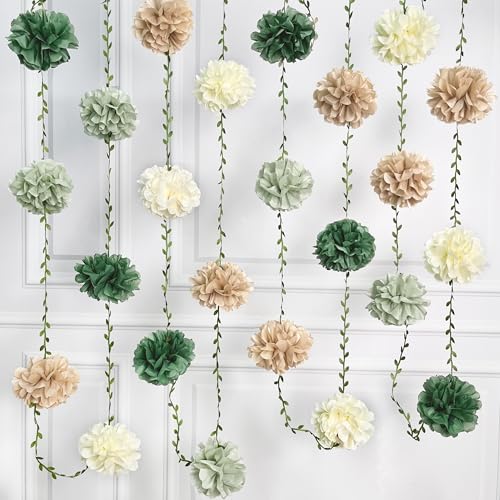 Sage Green Beige Party Decorations Tissue Paper Flowers Pom Pom with Leaf Ribbon Hanging Garland Streamer for Neutral Baby Shower Birthday Wedding Bachelorette Safari Jungle Woodland Party Supplies - color: Sage Green