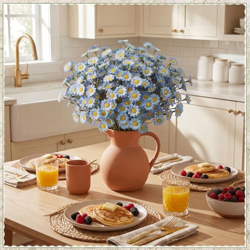 48 Pcs Small Daisy Flowers Artificial 10.6 Inch Fake Daisies Silk Floral Bouquets Spring Wildflowers with Stems Floral Arrangements for Vase Wedding Centerpiece Table Decor(Blue) - color: Blue