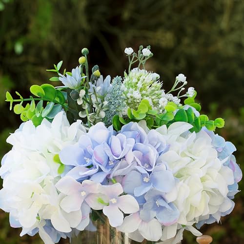 ENOVA FLORAL Artificial Hydrangea Flowers in Vase, Mixed White and Blue Silk Hydrangea in Vase with Faux Water for Dining Table Centerpieces, Home Decor Indoor (FL-159-BlueCream) - color: Fl-159-bluecream