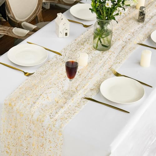 Artoid Mode 3Pcs Beige Gold Gauze Table Runner 120 Inch 10FT, Glitter Metallic Foil Sheer Dining Wedding Anniversary Holiday Birthday Table Decor for Home Party - color: Beige Gold, size: 28" x 120", 3pc