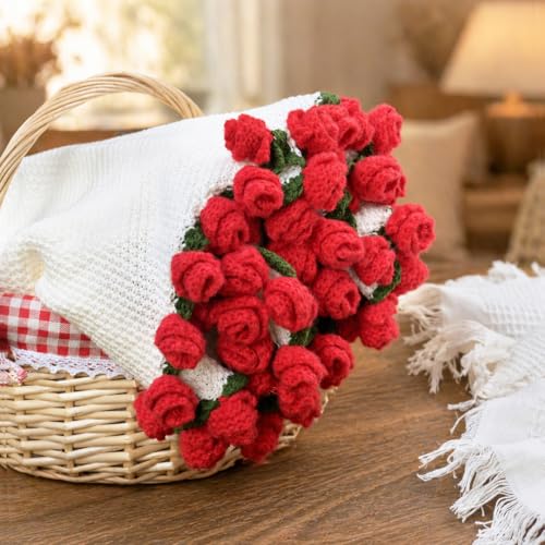 Crochet Flower Bouquet Throw Blanket, Cute Romantic Gift for Her Girlfriend Mom Mother’s Day Valentine Wedding Anniversary Birthday (Red, 32 inches) - color: Red, size: 32 inches