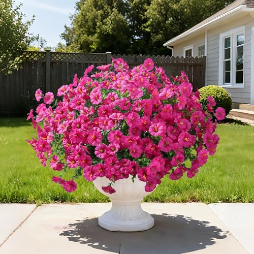 Ivydale 24 Bundles Artificial Flowers for Outdoors Faux Plants Spring Outdoor Decor Faux Silk Morning Glory with Eucalyptus Realistic UV Resistant for Outside Planters Porch Patio Garden Home Decor - color: Fuchsia